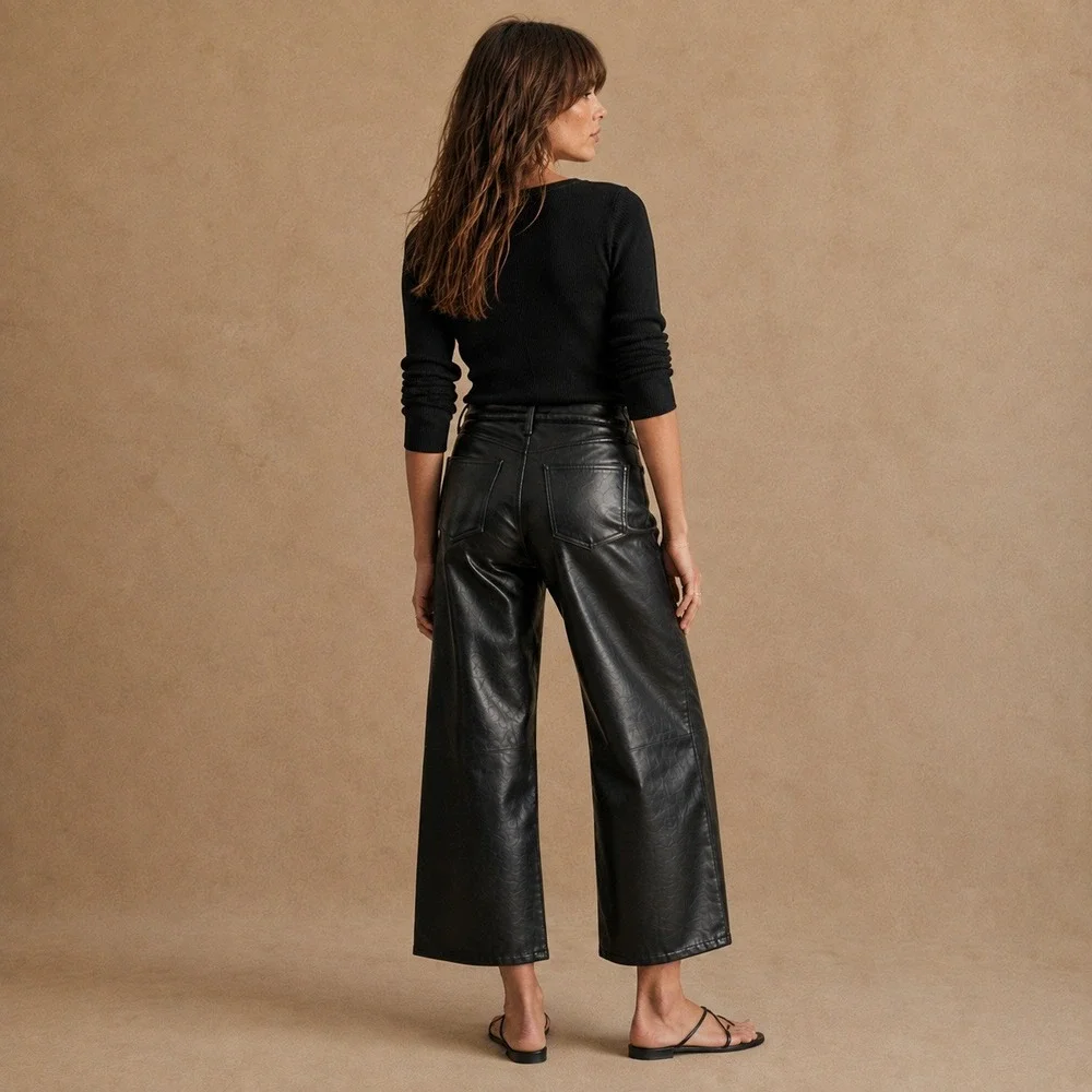 AGOLDE Cropped Wide Leg Leather Ren Pants Black Sz 28 NWT